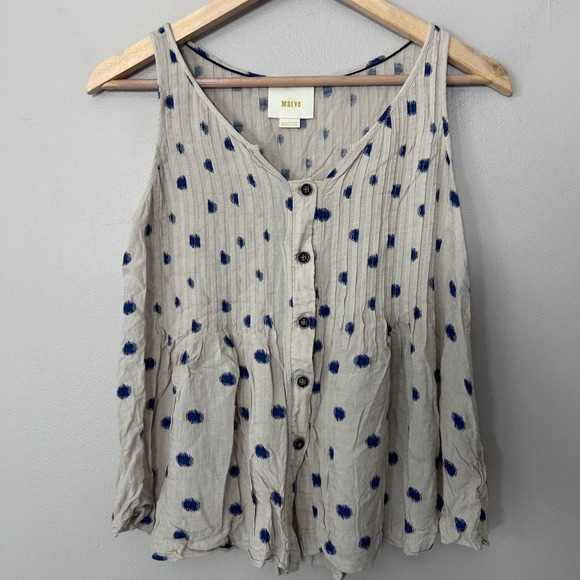Maeve Tops - Maeve Saona Swing Tank Womens 0 Beige Blue Polka Dot Peplum Boho Anthropologie
